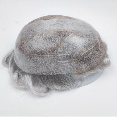 China Swiss Lace Straight Mens Hair Toupee With PU Around Hair Replacement For Men #1B Mixed 80% Gray Hair Toupee for sale