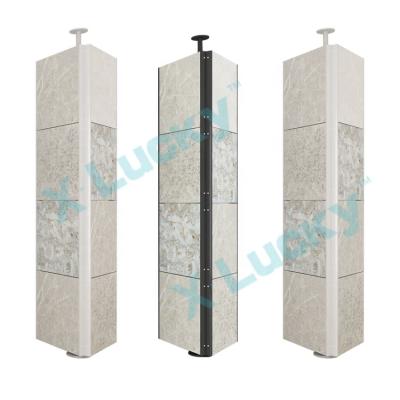 China Rotating Three Side Show Lucky Showroom Metal Sided Triangular Rotating Display Stand Marble Sample Facing Shelf Quartz Ceramic Tiles Stone Displays Rack for sale