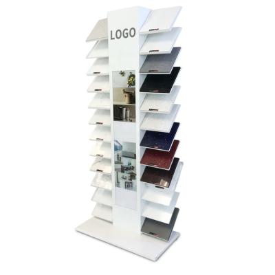 China Eco-Friendly Hardware / Easy Disassemble High Quality Quartz Marble Waterfall Double Side Light Ceramic Stone Tiles Floor Standing Display Rack Factory Showroom for sale