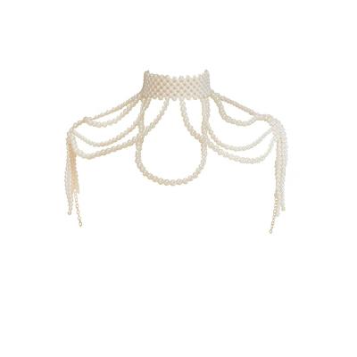 China Fashion romantic cross bead jewelry tassel layered pearl choker shoulder chain European and American sexy body chain for sale