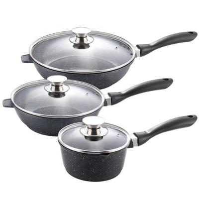 China Sustainable 6pcs non-stick marble coated aluminum cookware sets with induction base and stainless steel knob for sale