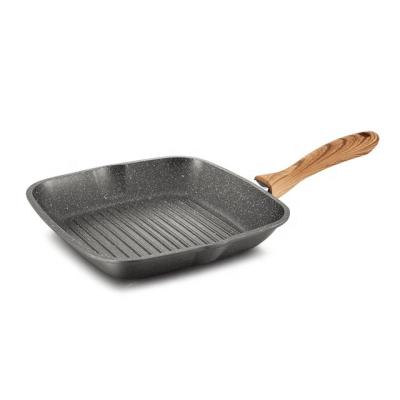 China 28cm Gray Marble Griddle Pan Granite Viable Cast Aluminum/Grill Pan With Removable Silicone Soft Touch Handle for sale