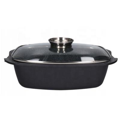 China Popular Selling Even Viable Well Die Casting Aluminum Gray Granite Marble Stone Coated Roaster Pan With Glass Lid for sale