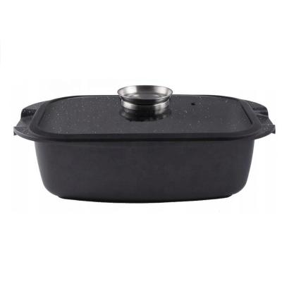 China Non Sustainable Stick Aluminum Roaster Pan Fish Marble Stone Casserole With Silicone Glass Lid for sale