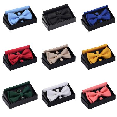 China New Dobby Gift Box Bow Tie Set For Men Square Bow Tie &Pocket Cufflinks For Business Wedding Party Gift Handkerchief Set for sale