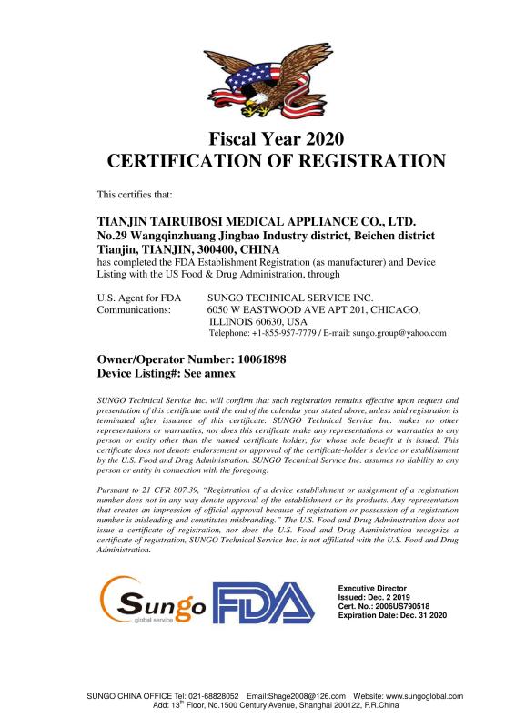 FDA Certificate - TIANJIN TAIRUIBOSI MEDICAL APPLIANCE CO., LTD.