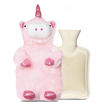 China Printed fabric hot and rubber cold-hot water bottles and cute 3d unicorn hot water bag cover for sale