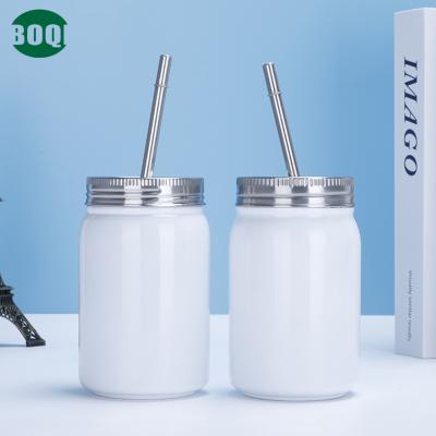 China BOQI Sublimation Blanks 500ml Double Wall Stainless Steel Bottle Viable Wholesale Mason Jar With Lid And Straw for sale