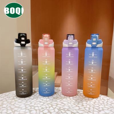 China BOQI 32oz/1000ml Viable Gradient Sports Plastic Rubber Coating Water Bottle Big With Time Motivational Marker for sale