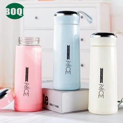 China BOQI Viable Wholesale Custom Logo 400ml Double Thermos Glass Flask Portable Small Wall Plastic Glass Travel Mugs With Rope for sale