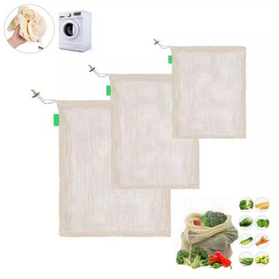 China Hot Selling Handled Cotton Mesh Reusable Drawstring Organic Fruit Vegetable Package Bags for sale