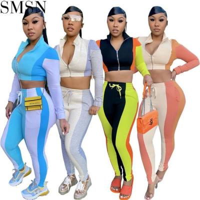 China Luxury women's clothing 2021 anti-pilling new style color patchwork women's sweatsuit two-piece set of 2 piece women pants for sale