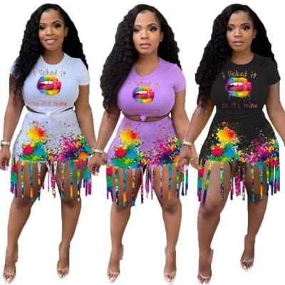 China Anti-pilling JEAN Set 2021 Women's Two Piece Sets Letter Lip Printed Tassel Shorts Casual Women's Two Piece Sets for sale