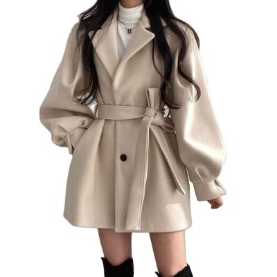 China Breathable 2023 Autumn Winter women suit collar coat puff sleeve Korea solid color button slim loose lady's overcoat with belt casual coat for sale