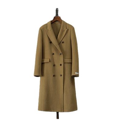 China Breathable custom women long winter coat beige solid color padded shoulder ladies woollen overcoat double-breasted for sale