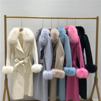 China Breathable Hot Selling Winter Double Layer Cashmere Coat Women Fashion Wool Coat Fox Fur Hooded Jacket Belt Women Cashmere Coats for sale