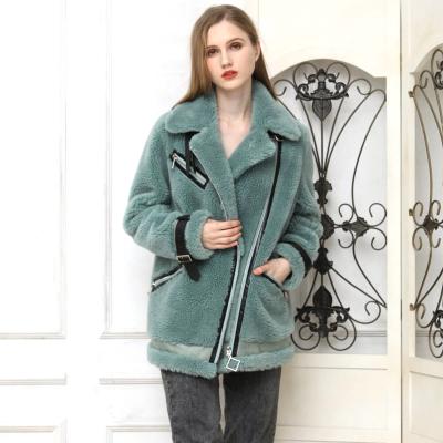 China Breathable 2023 new style Winter Zipper Designs Bomber Coat Fluffy Warm Moto Bike 100% Real Sheep Fur Wool Trench Coat Women for sale