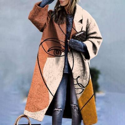 China Breathable 2023 Women Coat Winter Long Sleeve Lapel Jacket Printed Wool Long Winter Elegant Cashmere Coats for sale