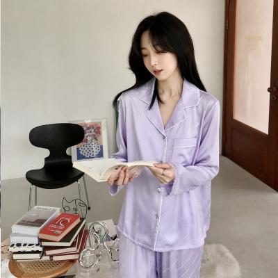 China Breathable Wholesale satin jacquard long sleeve pantsuit home wear two pcs set pajama for sale