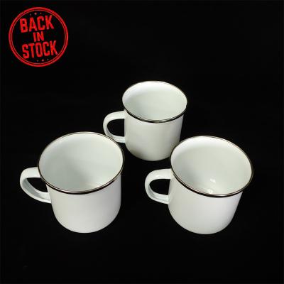 China Viable ready to ship S017 12 oz 360ml sublimation blanks custom enamel metal outdoor camping mugs with silver rim for sale