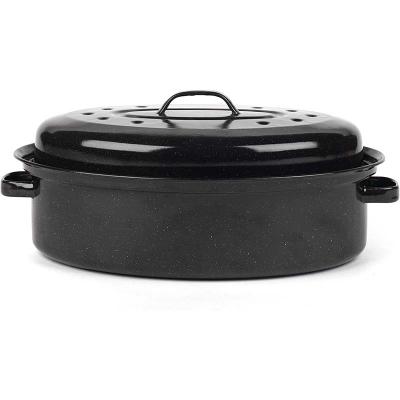 China 33cm 37cm 41cm 44cm Black Red Dishwasher Safe Self Basting Oval Enamel Turkey Roaster Pan With Lid for sale