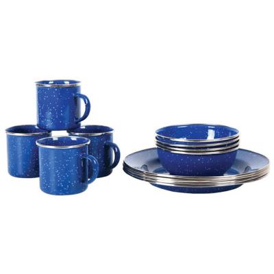 China 12pc Viable Blue Spotted Color Custom Logo Printed Outdoor Stainless Steel Rim Camping Enamel Dinnerware Set For 4person for sale