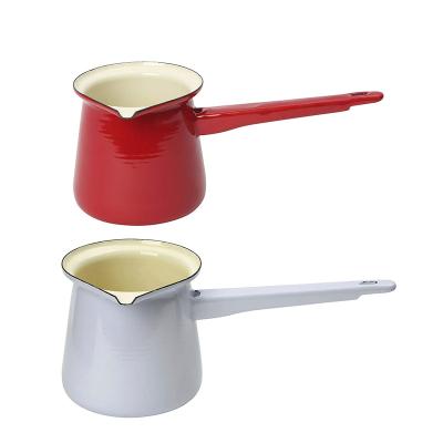 China Sustainable Style Custom Korean Kitchen Enamel Boiling Milk Cooking Pot Cookware With Wooden Handle for sale