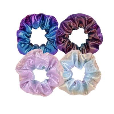 China Hot Sale Children's Decoration Scrunchies Ponytail Holder Rainbow Hair Bands Colorful Gradient Laser Cloth Wrinkle Hair Rings For Women for sale