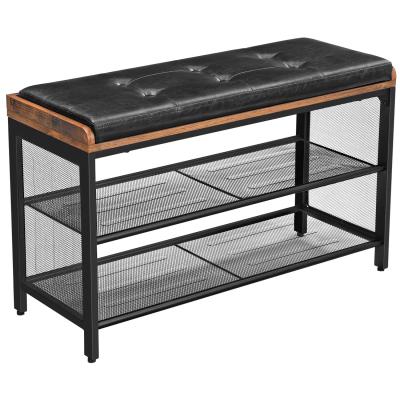 China (Size) VASAGLE Adjustable Industrial Black Faux Leather Hallway Shoe Bench, Padded Storage Bench with Mesh Shelf, Metal Frame Shoe Rack for sale