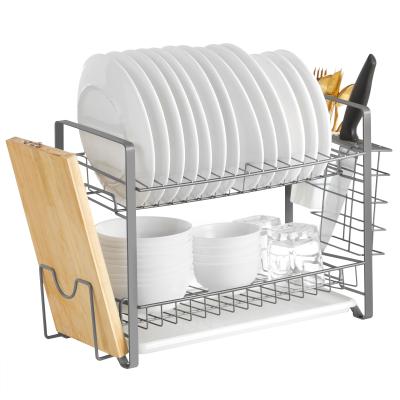 China SONGMICS 2 Tier Kitchen Shelf Adjustable Rustproof Adjustable Dish Dish Storage Steel Custom Storage Racks Drying Rack With Tray for sale