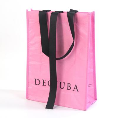 China Custom Cute Fashion Small Mini RPET Pink Handled Shopping Bag Gift Tote Bags With Black Ribbon Handle for sale