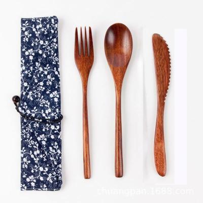 China Sustainable Soup Portable Wooden Spoon Fork Knife Cutlery Set Wooden Dinner Utensil Set Kitchen Flatware Dinnerware For Travel With Cloth Pouch for sale