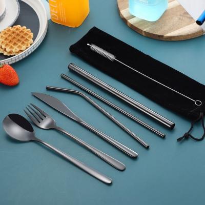 China Viable Tea 8 Pcs Portable Tableware Set Packed With Cloth Bag Spoon Fork Knife Gold Color With Stainless Steel Straw And Brush for sale