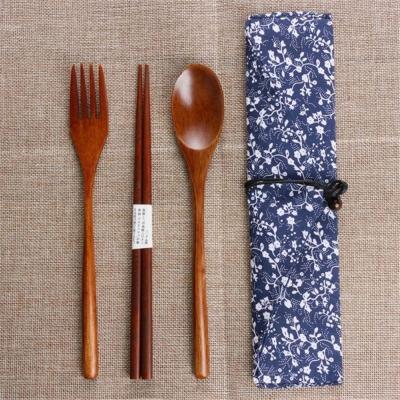 China Viable Round Chinese Chopsticks Wooden Cutlery Set With Spoon Fork Tissue Bag Environmental Friendly Travel Portable Tableware for sale