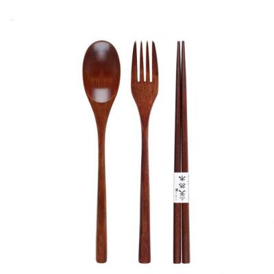 China Wholesale Sustainable Japanese Style 3-Piece Wooden Utensil Set Spoon Fork Chopsticks With Pocket For Travel Business Souvenir Wedding Gift for sale