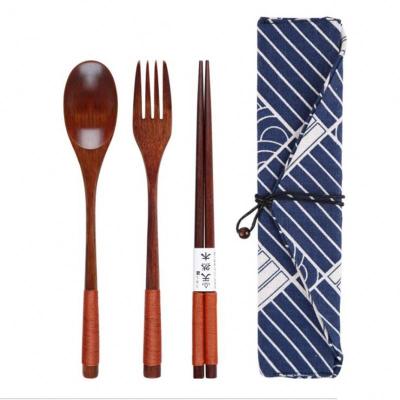 China 3 Pieces Viable Flatware Set Japanese Style Spoon Chopstick Fork Utensil Wooden Natural Wood Cutlery Set with Pocket for Camping Picnic for sale