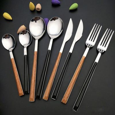 China 2019 Sustainable New High Quality Wood Handle Stainless Steel Knife Fork Cutlery Set Eco-friendly Western Tableware Sets For Hotel, Home for sale