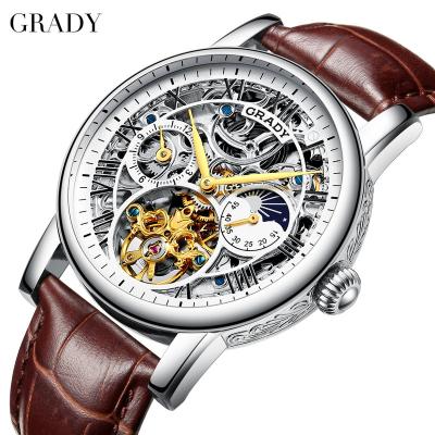 China Custom Logo Gold Automatic Watch Mechanical Chronograph Movement Men Wristwatches with Genuine Leather Strap for sale