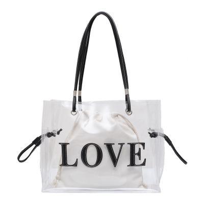 China Clear PVC Tote Shoulder Bag Fashion Large Capacity Shopping Bag Summer Beach High Quality Transparent Printing Bag LOVE for sale