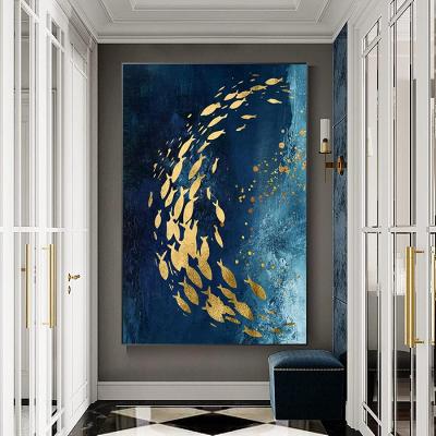 China Hand Painted Fish Oil Painting Living Room Home Decor Abstract Seascape Abstract On Canvas Gold Foil Abstract Wall Art for sale