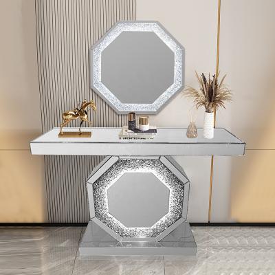 China Fashion American Style Crushed Hall Diamond Mirrored Console Table With LED Light for sale