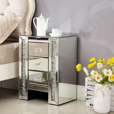 China Diamond Mirrored Nightstand 3 Drawer Chest Bedside Table Contemporary Wholesale Crushed Nightstand for sale