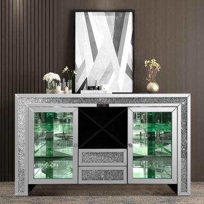 China Other Success Diamond Crushed 2 Doors Mirrored Wine Bar Cabinet 2022 With Spot Light Modern Wine Bar Cabinet for sale