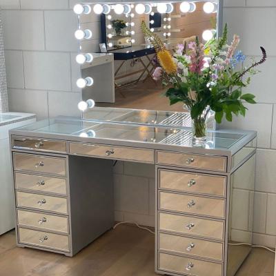 China Other Modern Luxury Mirrored Vanity Table With Hollywood Mirror 13 Drawers Chest Mirror With Display And Speakers For Bedroom for sale