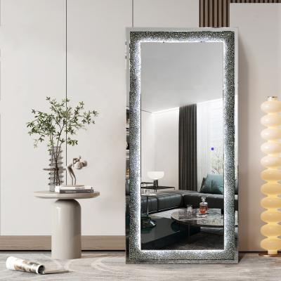 China Modern Contemporary Living Room Length Mirror Crushed Diamond Free Standing Floor Mirror With LED Light And Touch Screen for sale