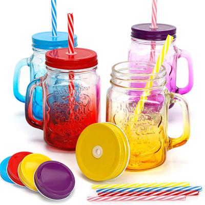 China 16 Ounce Lead Free Mason Jar Mugs with Handles Lids and Straws, Wide Mouth Clear Drinking Glass Bottle Set with Colorful Metal Lids for sale