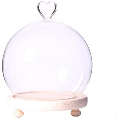 China Lead Free Clear Glass Bell Globe Display Dome Glass Cloche with Heart Handle Wood Base for sale