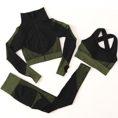 China Private Label Breathable Seamless Crop Top Zipper Sport Wear 3 Piece Sports Bra Set Yoga Sets 3 Piece for sale