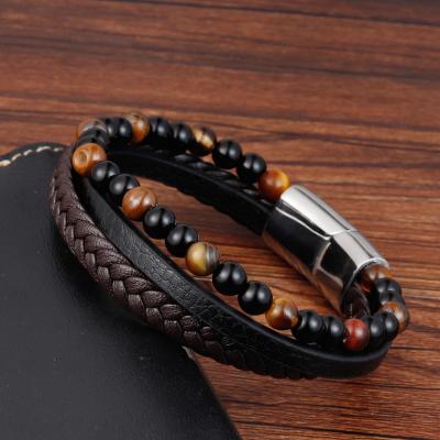 China Magnetic Clasp Men's Casual/Sporty Beaded Natural Stone Genuine Leather Tiger Eye Bracelet Brown Bracelets Jewelry for sale