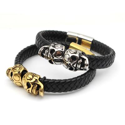 China Christ Bracelet Wholesale Braided Men Wrist Bracelet Real Leather Bracelet With Gold Silver SKULL for sale